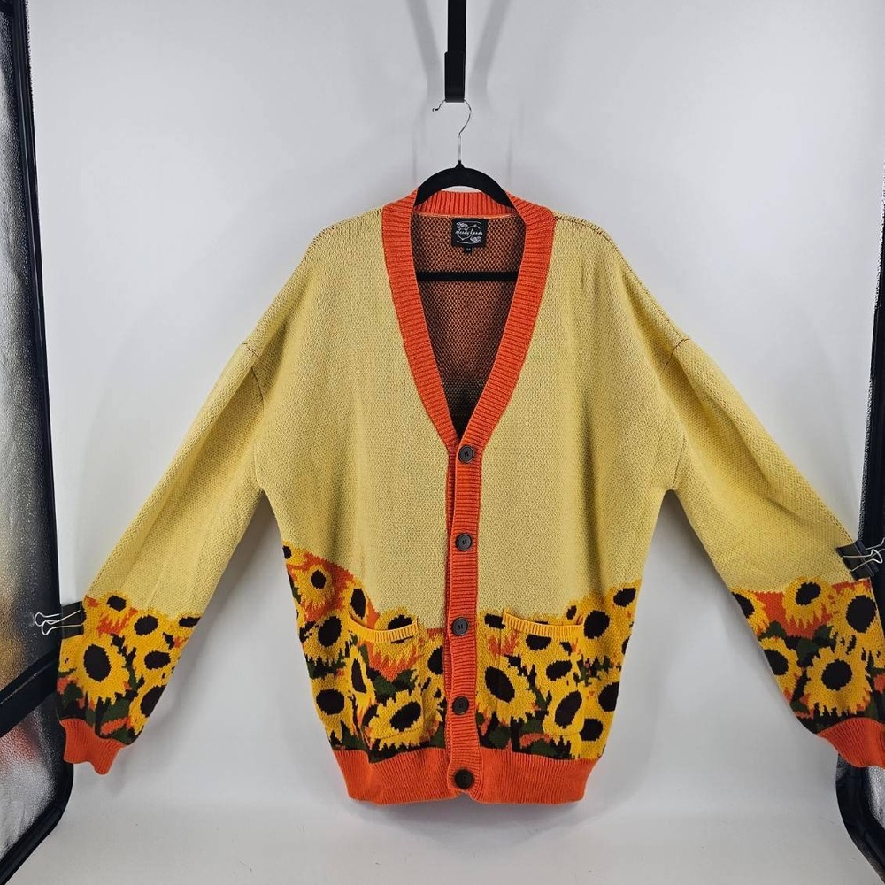 Steady Hands Cardigan Women XXXL Yellow Sunflower Sunset Knit Pockets